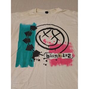 Blink 182 Band T Shirt Cream Smiley Face Graphic Tee Men's Medium Rock & Roll RR